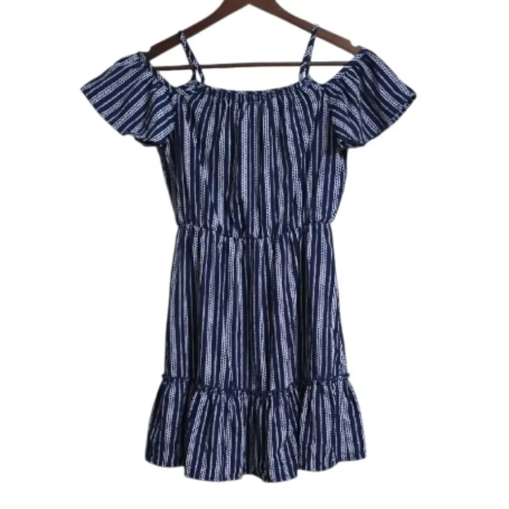 Jenna & Jessie Blue and White Striped Off-Shoulder Girls Dress